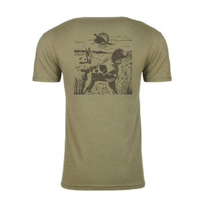 The back of the short. A light-gray background with a dark-gray hunter dog design.