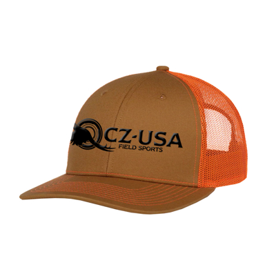 a trucker hat with beige front and blaze orange open-ended back. The front shows a black version of the CZ-USA design, a flying pheasant with a multi-layered circle behind it, written CZ-USA next to it.