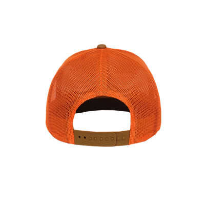 a trucker hat with beige front and blaze orange open-ended back. The front shows a black version of the CZ-USA design, a flying pheasant with a multi-layered circle behind it, written CZ-USA next to it.