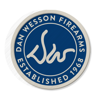 A Dan Wesson’s branded fabric patch, with dark-blue background and white letters writing “Dan Wesson Firearms, established 1968”