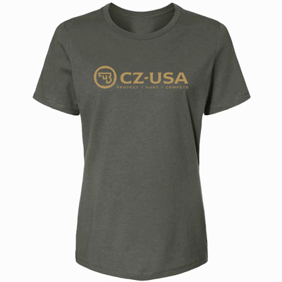 A dark-gray women t-shirt with beige letters spelling “CZ-USA” on the center chest. 