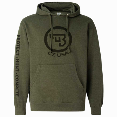 Dark-gray hoodie with “CZ-USA” written in black on the top center. The right sleeve has “PROTECT, HUNT, COMPETE” written in black.