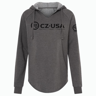 A gray hoodie for women with black letters spelling “CZ-USA” on the center chest. 