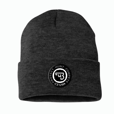 A black knit beanie with a black, circular version of the CZ-USA logo on the front-center.