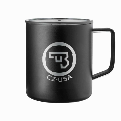 A black mug with durable stainless steel, and a silver version of the CZ-USA logo written “CZ-USA” underneath it.
