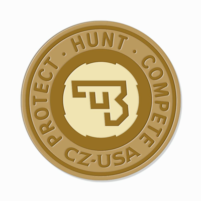 CZ-USA branded fabric patch, with beige background and dark-beige letters writing ““HUNT, COMPETE, PROTECT” on the sides.