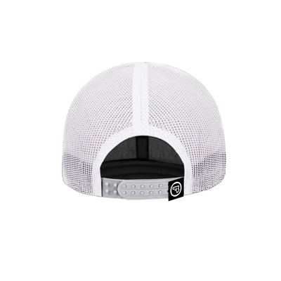 Image of the front of a grey and white classic trucker hat with a CZ logo patch