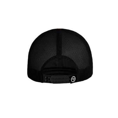 Image of the front of a brown and black CZ lifestyle trucker hat with a CZ logo patch in brown