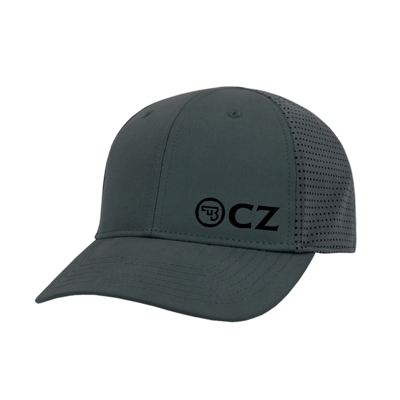 Image of the front of a grey CZ Pure Performance Cap with a black CZ logo on it