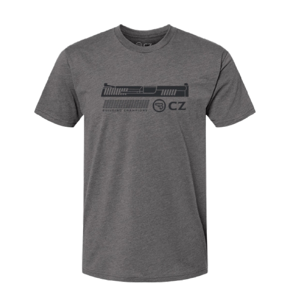 Image of a Heather Heavy Metal shirt with a CZ logo and "Building Champions" design